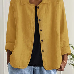 Lightweight button-front top with collar, three-quarter sleeves, golden yellow