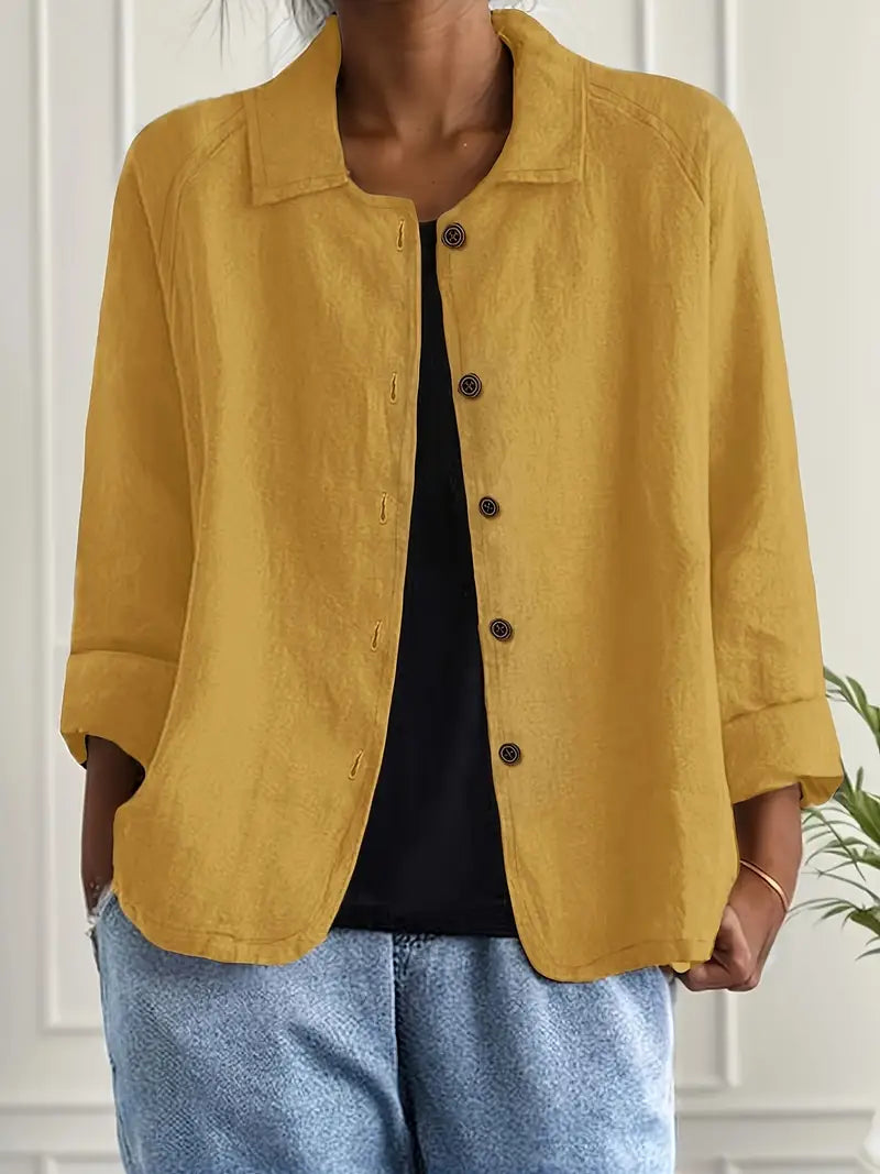 Lightweight button-front top with collar, three-quarter sleeves, golden yellow