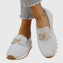 White mesh orthopedic loafer sneakers with gold buckle detail and padded collar