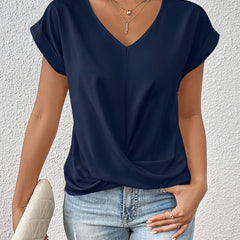 Dark blue sweetheart V-neck casual t-shirt with draped knot front and short sleeves
