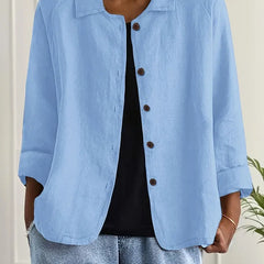 Lightweight button-front top with collar, three-quarter sleeves, light blue