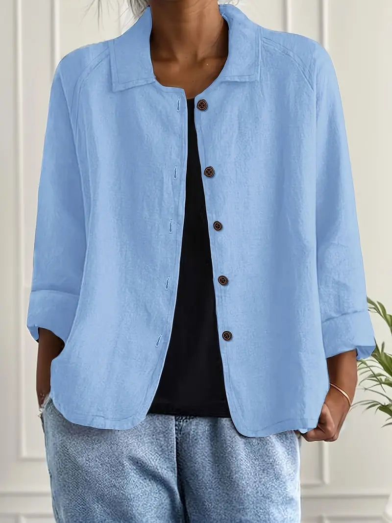 Lightweight button-front top with collar, three-quarter sleeves, light blue