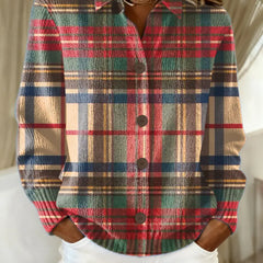 Plaid button-up knit blouse with long sleeves, multicolor block pattern, button front