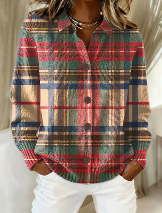 Plaid button-up knit blouse with long sleeves, multicolor block pattern, button front