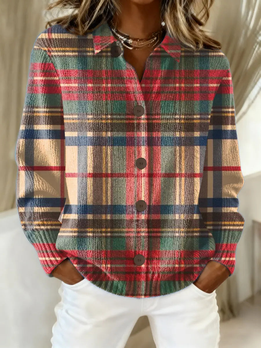Plaid button-up knit blouse with long sleeves, multicolor block pattern, button front