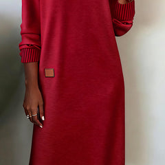 Red comfortable V-neck midi dress with square chest patch and ribbed sleeve cuffs