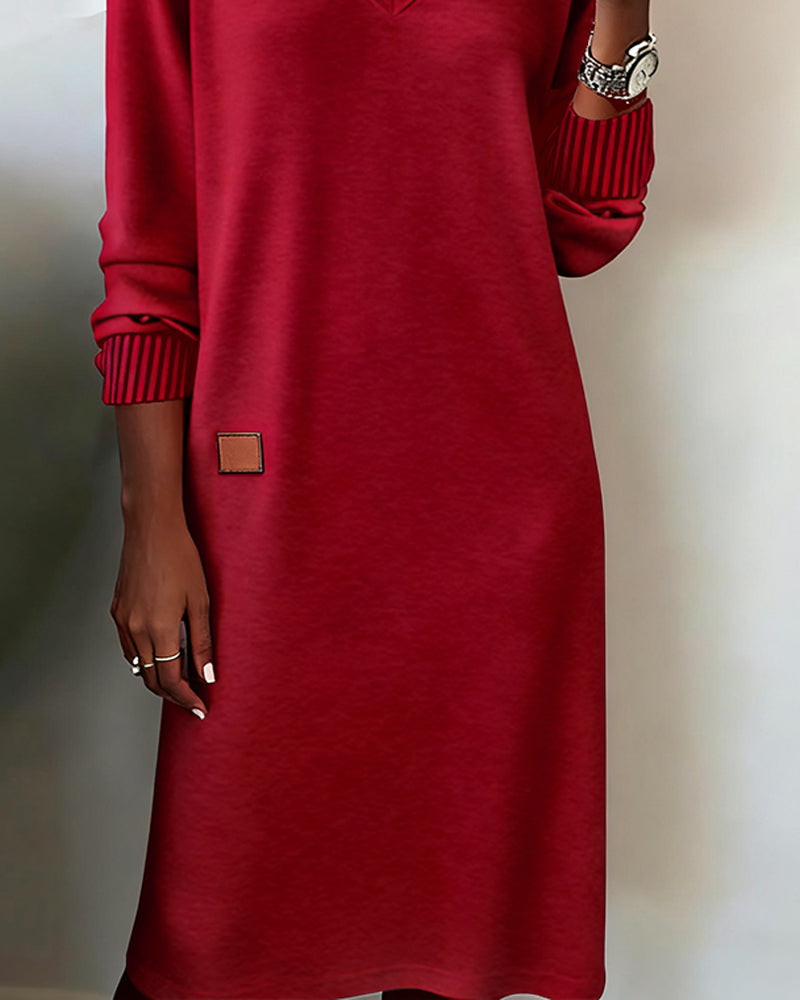 Red comfortable V-neck midi dress with square chest patch and ribbed sleeve cuffs