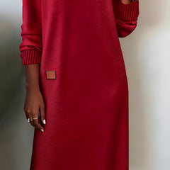 Red V-neck knit midi dress, square side patch and ribbed striped cuffs detail