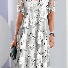 Gray floral print midi dress, short puff sleeves, round neckline, tiered skirt