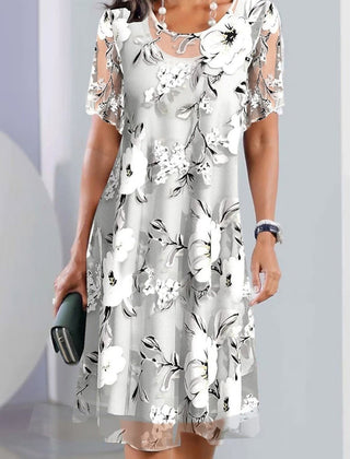 Gray floral print midi dress, short puff sleeves, round neckline, tiered skirt