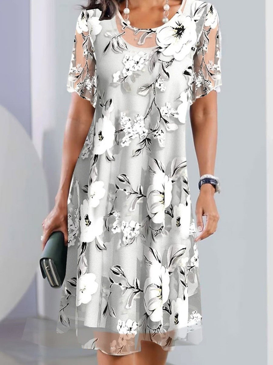 Gray floral print midi dress, short puff sleeves, round neckline, tiered skirt