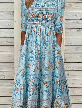 Blue floral tiered midi dress with smocked bodice and three-quarter sleeves