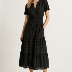 Black tiered midi dress with short sleeves, V-neck and smocked waist