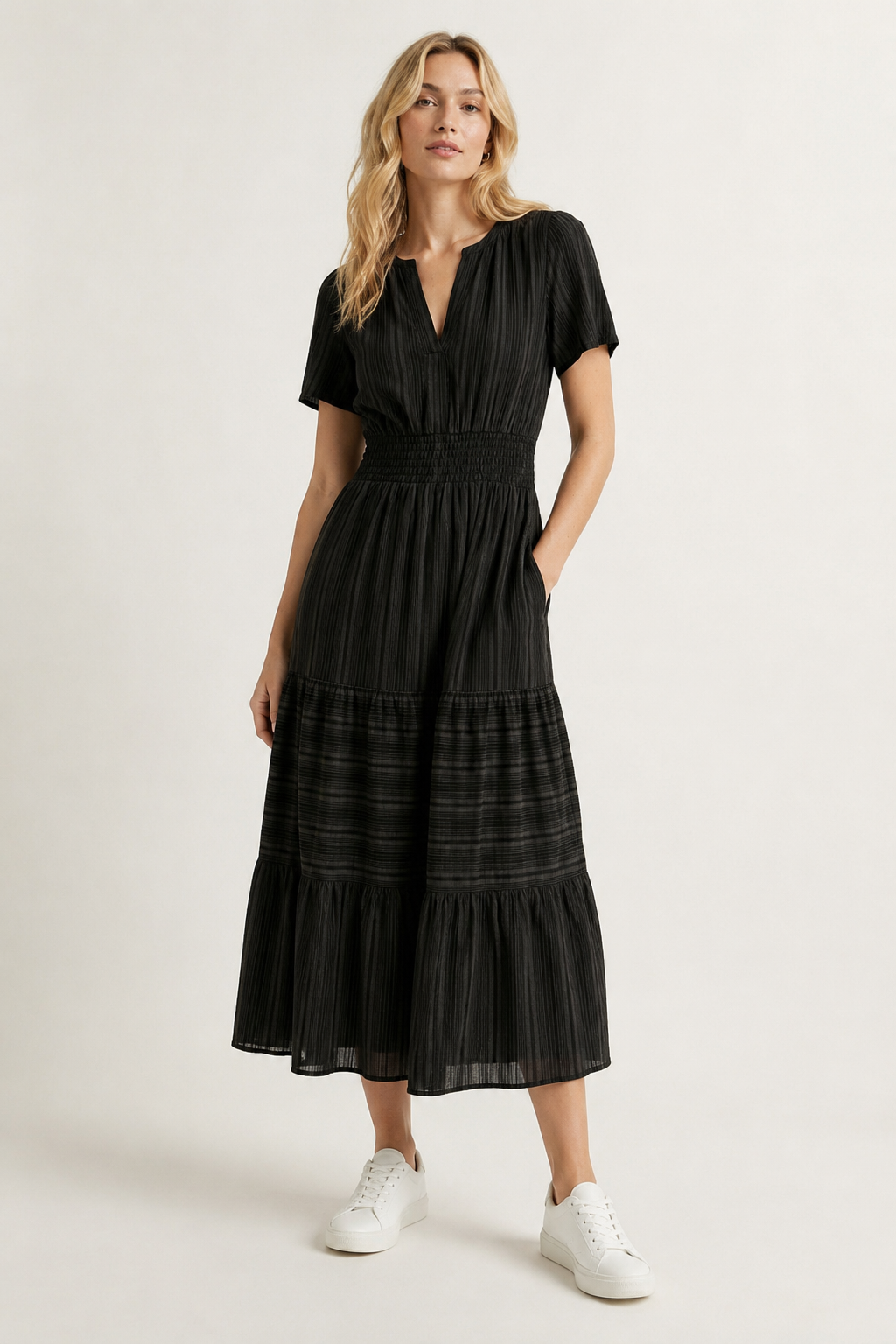 Black tiered midi dress with short sleeves, V-neck and smocked waist