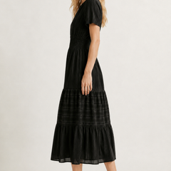 Black tiered midi dress with short sleeves and V-neck, side view