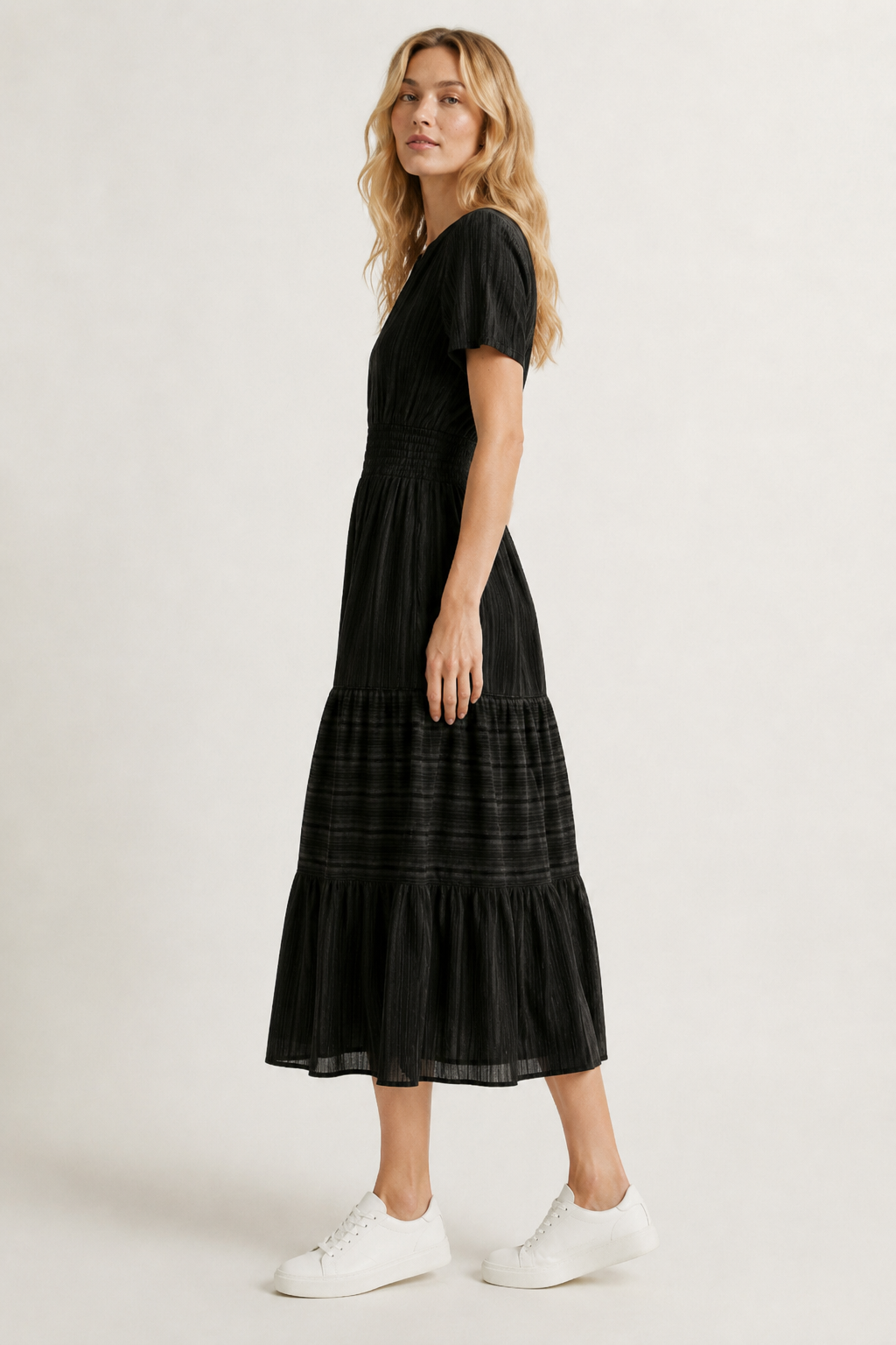 Black tiered midi dress with short sleeves and V-neck, side view