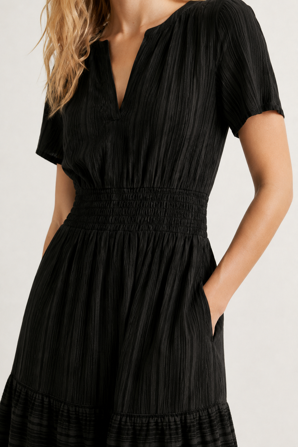 Black V-neck short-sleeve dress with smocked waist and tiered skirt