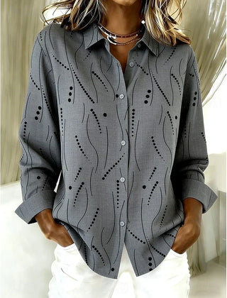 Pernella™ gray dotted line pattern blouse, button-front long sleeves