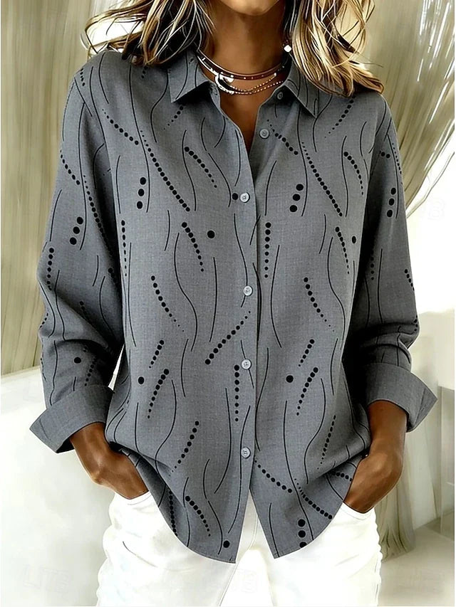 Pernella™ gray dotted line pattern blouse, button-front long sleeves