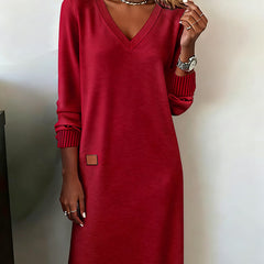 Red comfortable V-neck midi dress with ribbed 3/4 sleeves and square chest patch