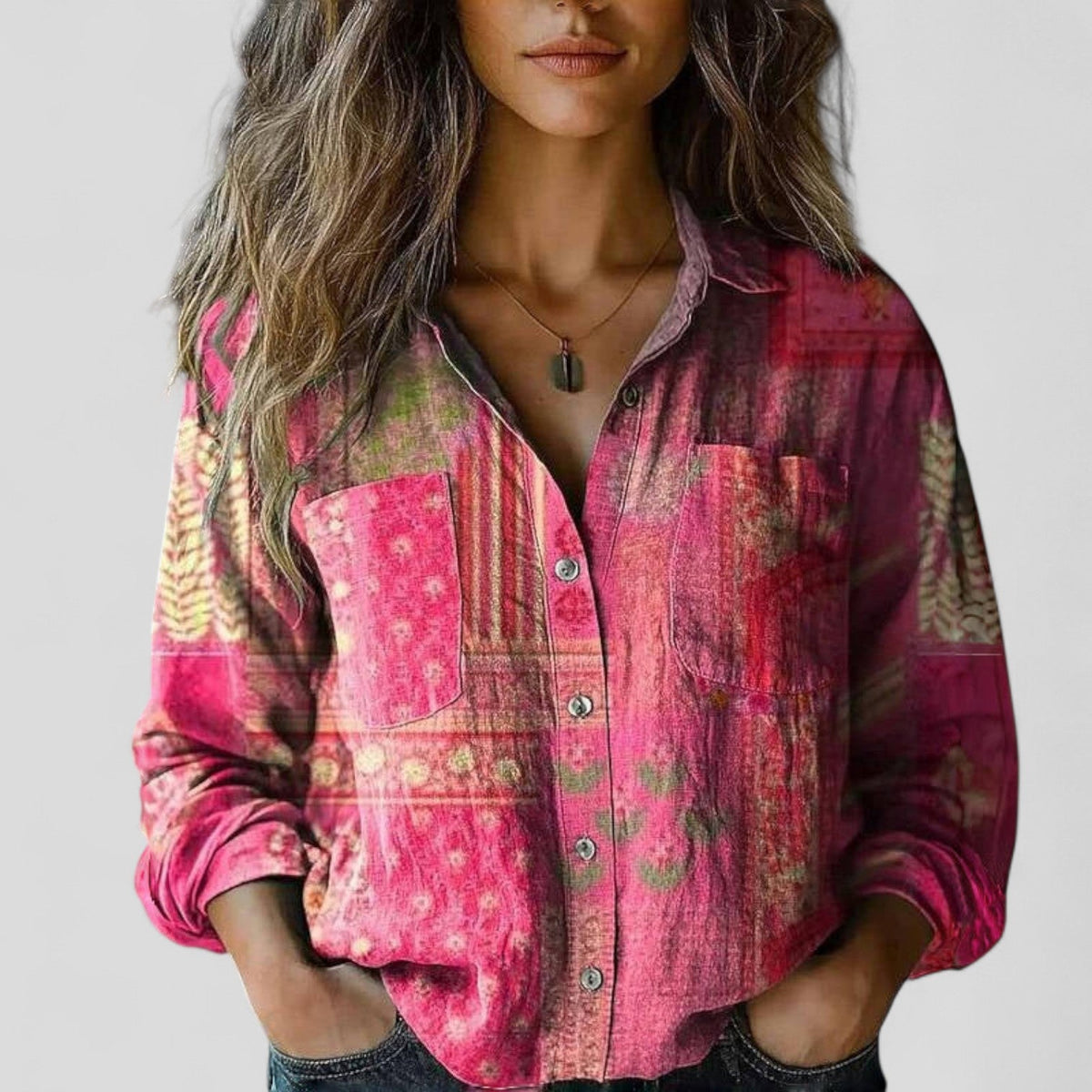 Pink patchwork floral button-up blouse shirt with chest pockets and rolled sleeves