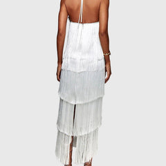 White halter tassel dress with crisscross back straps and layered fringe hem