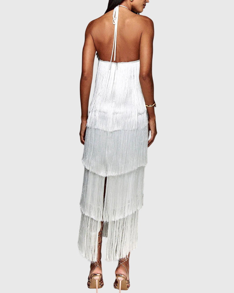 White halter tassel dress with crisscross back straps and layered fringe hem