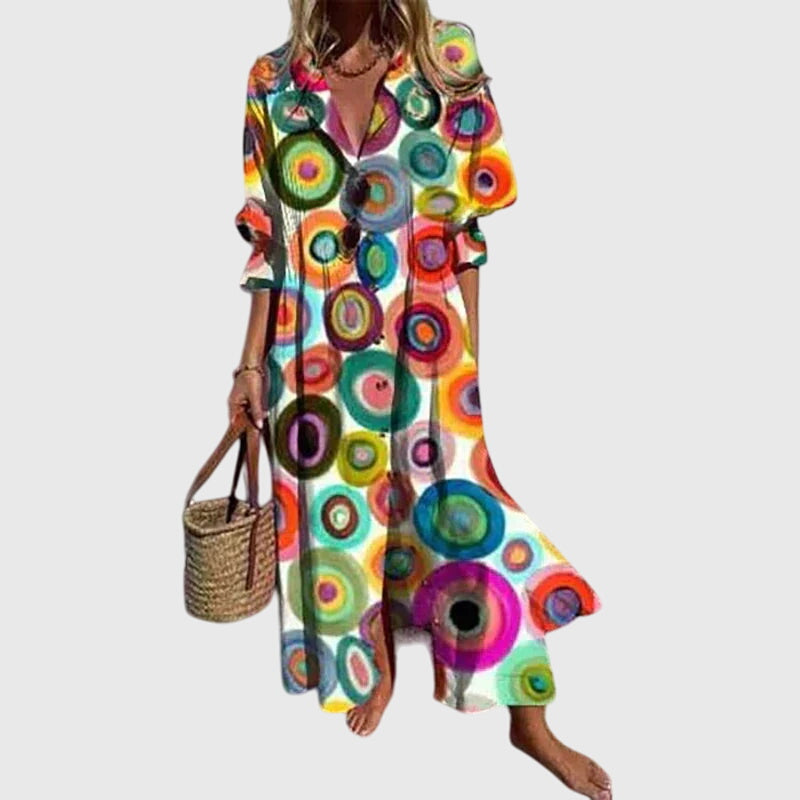Rainbow bohemian dress with bold circle print, V-neck, short sleeves, flared hem