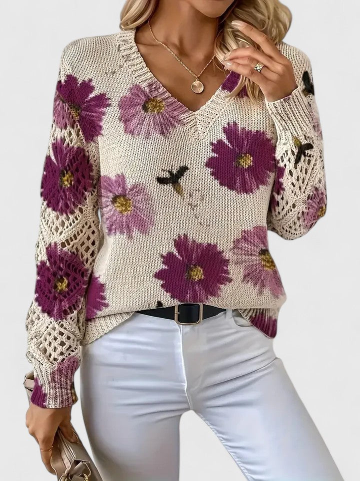 Beige V-neck cardigan with purple flower print, crochet lace sleeves and cuff knit
