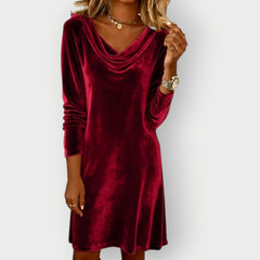 Red velvet drape-neck mini dress, long sleeves, draped cowl neckline