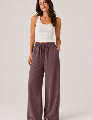 Brennan wide-leg pants in dusty lilac, elastic waist and relaxed wide legs