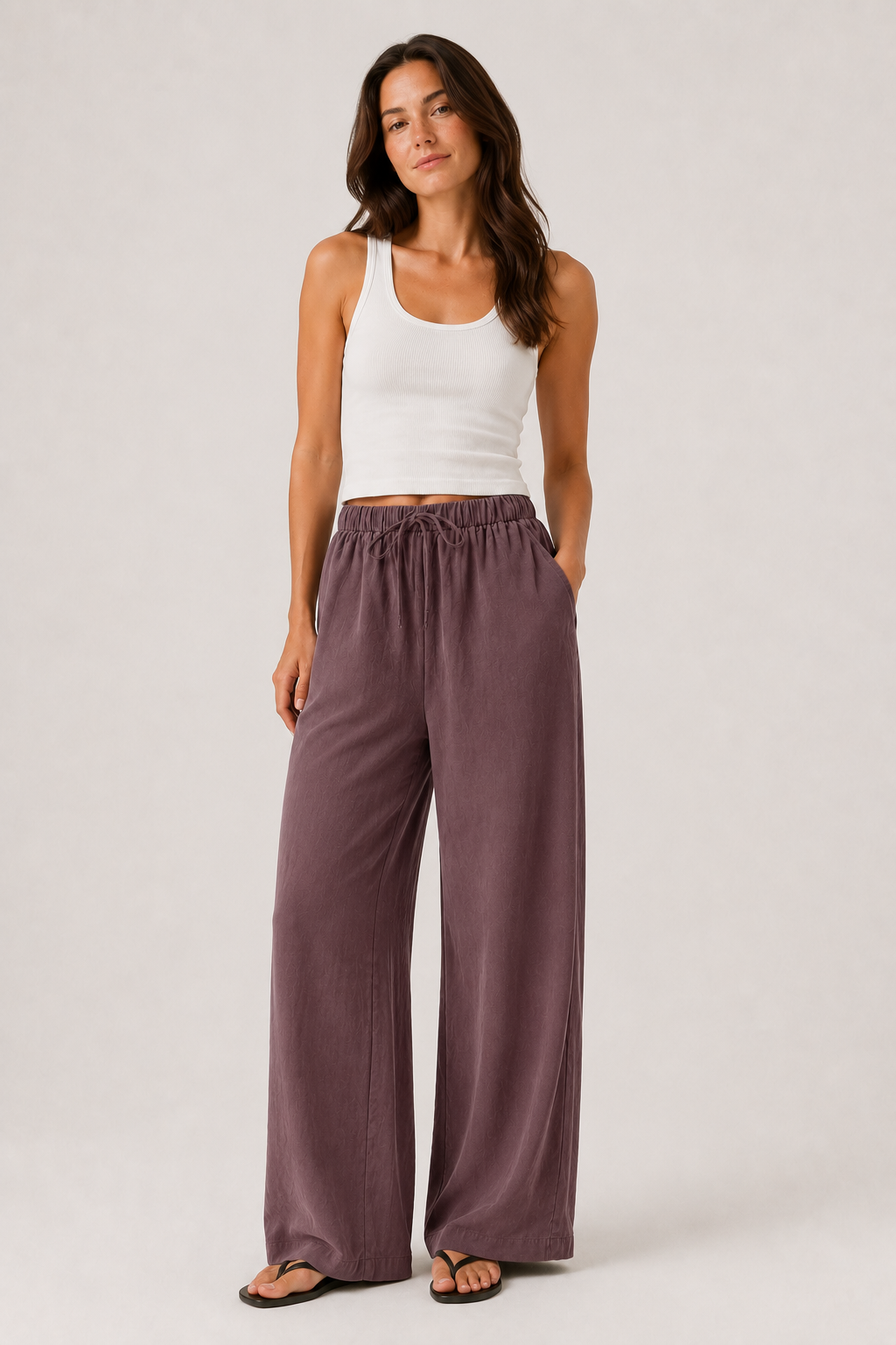 Brennan wide-leg pants in dusty lilac, elastic waist and relaxed wide legs