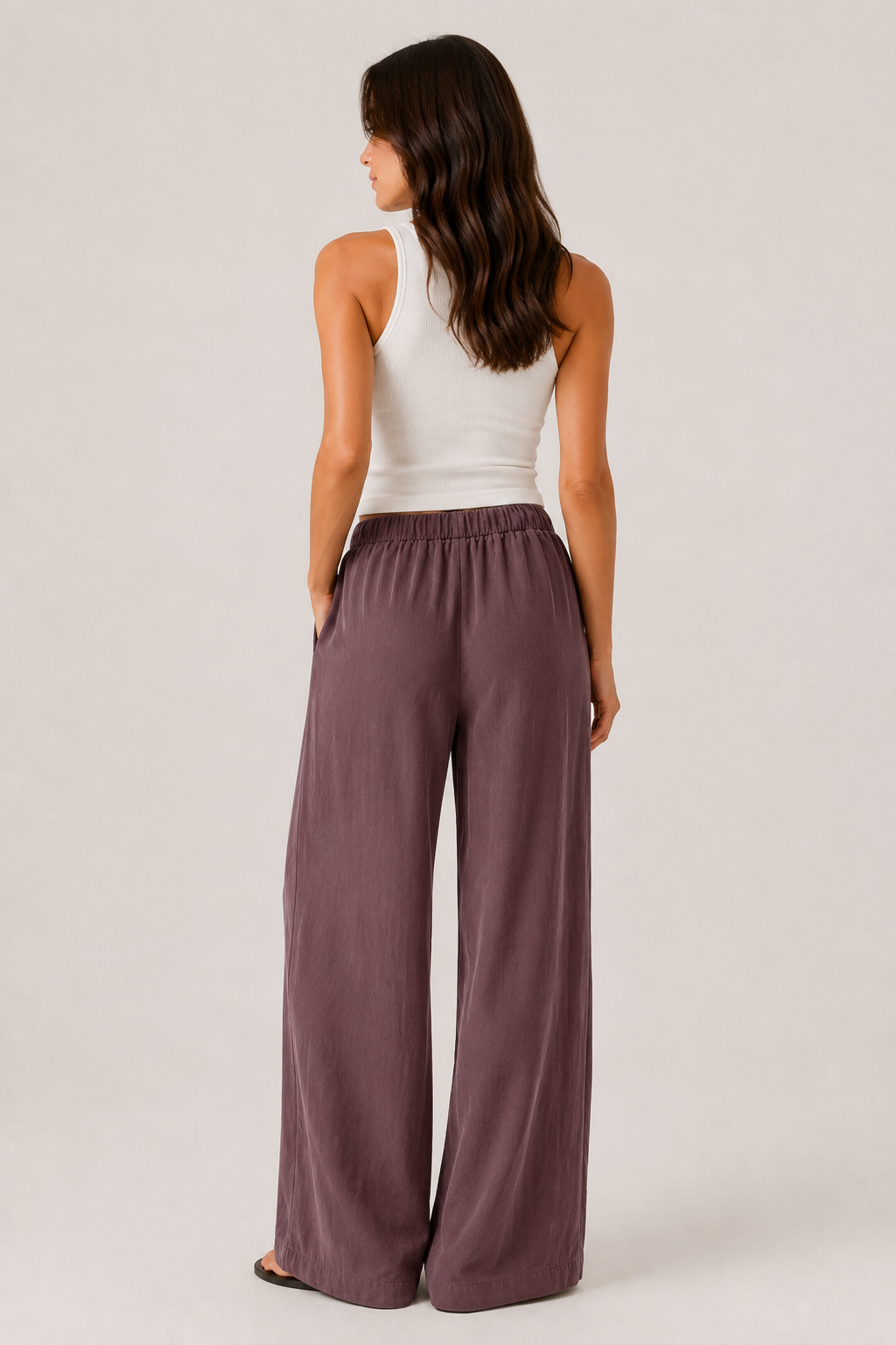 Brennan wide-leg pants in dusty lilac, back view with relaxed wide legs