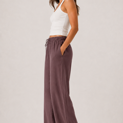 Brennan wide-leg pants in dusty lilac, gathered elastic waist and wide straight legs