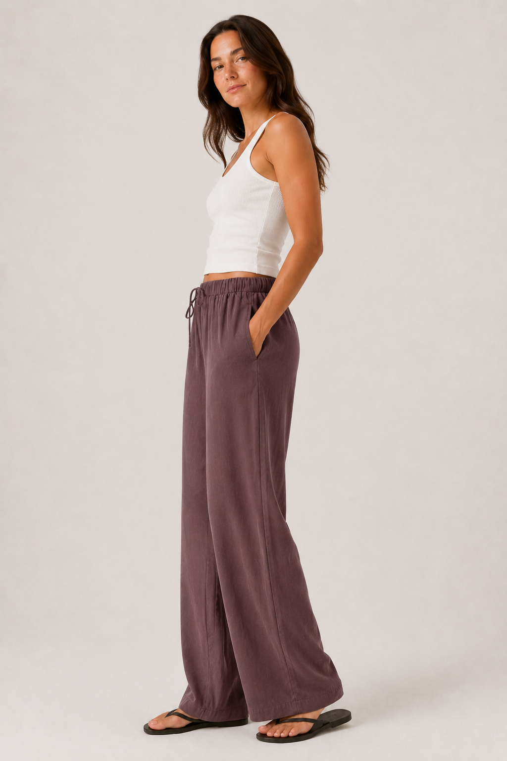 Brennan wide-leg pants in dusty lilac, gathered elastic waist and wide straight legs