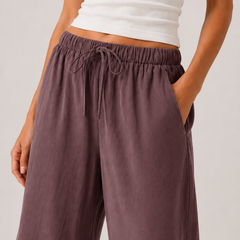 Brennan wide-leg pants in dusty lilac, elastic waist with visible tie strings