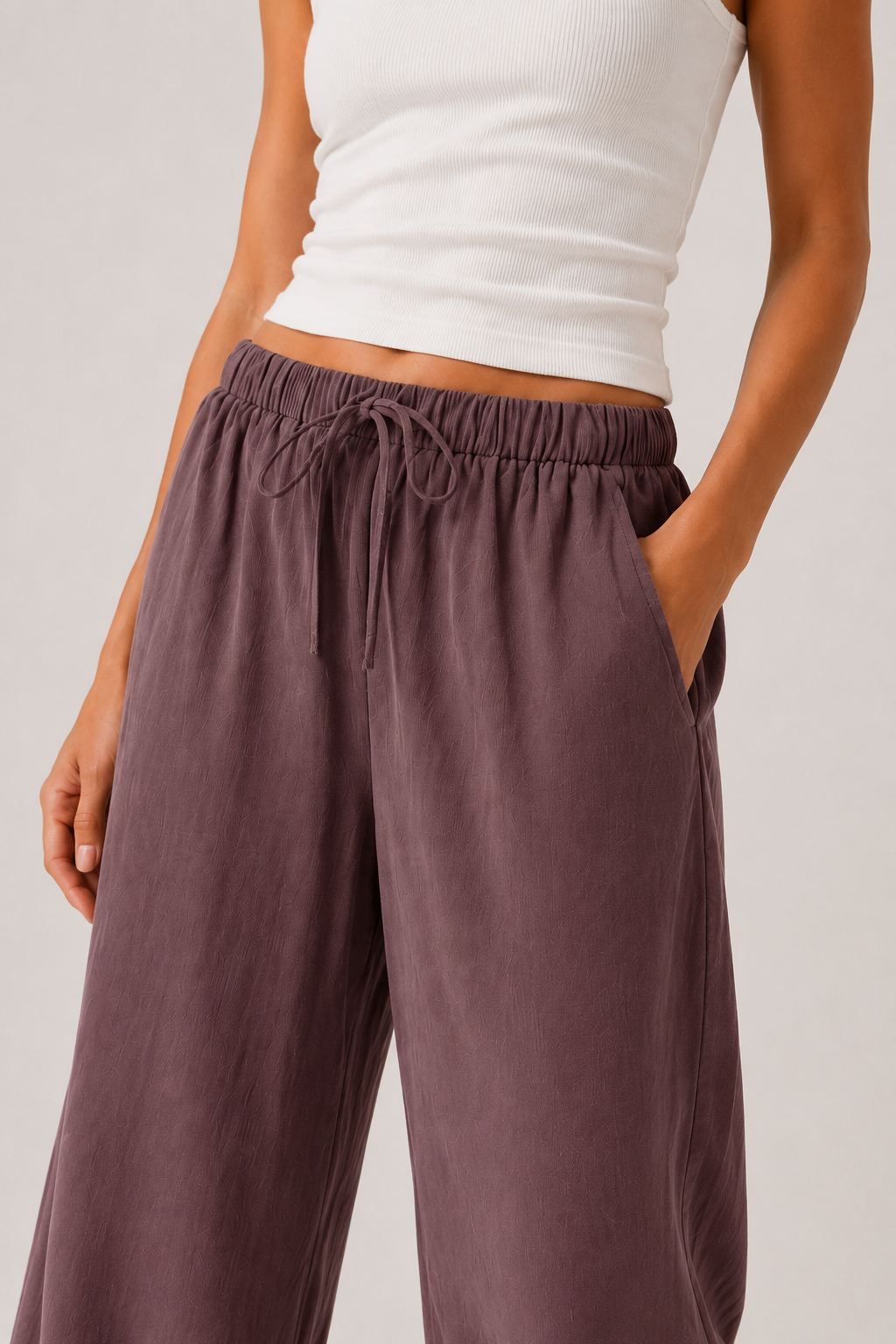 Brennan wide-leg pants in dusty lilac, elastic waist with visible tie strings