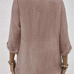 Breezy day top, loose fit, 3/4 sleeves, back button placket, muted mauve