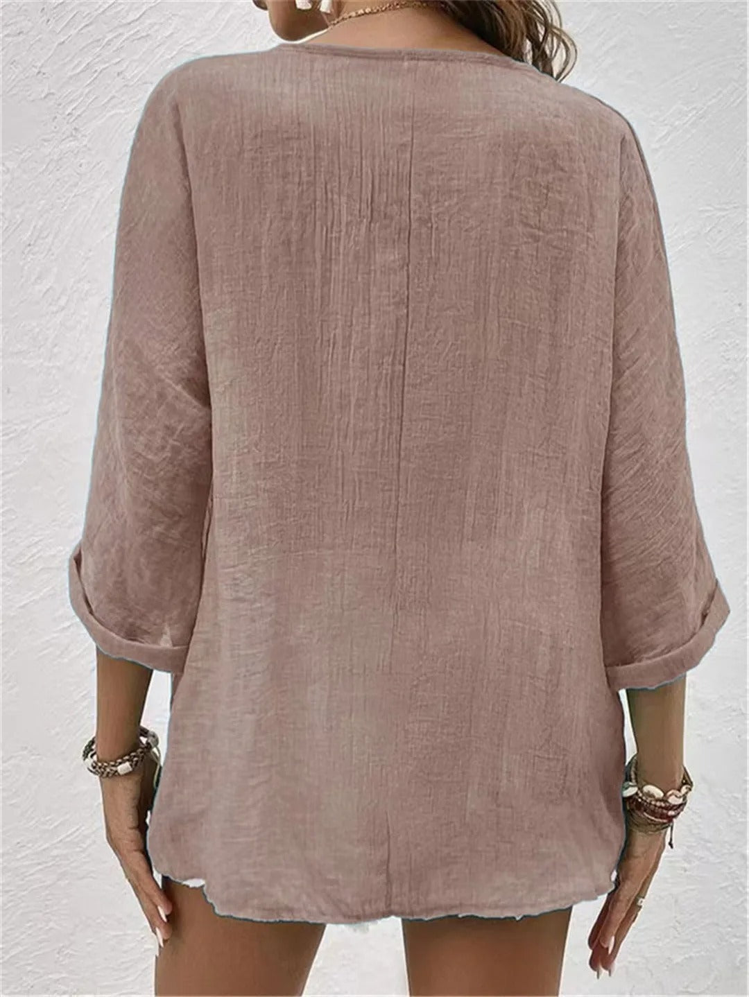 Breezy day top, loose fit, 3/4 sleeves, back button placket, muted mauve