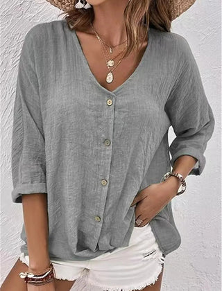 Heather gray V-neck button-front top with loose three-quarter sleeves.