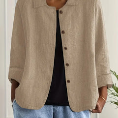 Lightweight button-front top with collar, three-quarter sleeves, beige