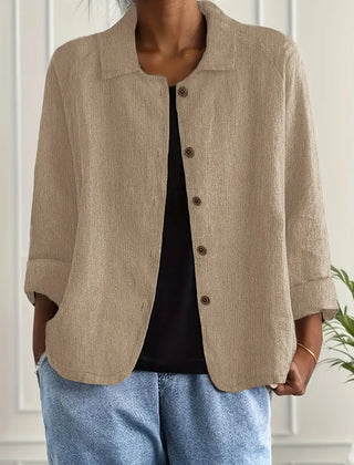 Lightweight button-front top with collar, three-quarter sleeves, beige