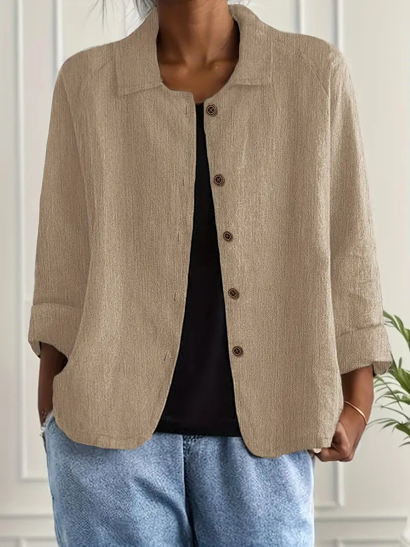 Lightweight button-front top with collar, three-quarter sleeves, beige