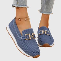 Blue mesh orthopedic loafer sneakers with gold buckle detail and traction sole