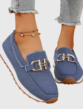 Blue mesh orthopedic loafer sneakers with gold buckle detail and traction sole