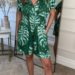 Green leaf print V-neck short-sleeve dress with gathered waist