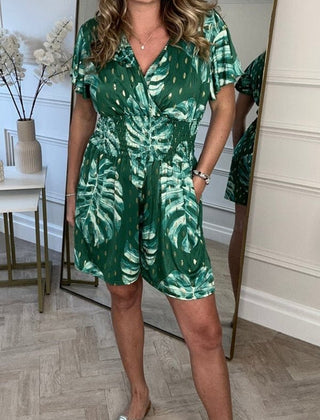 Green leaf print V-neck short-sleeve dress with gathered waist