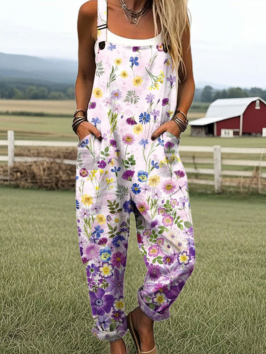 Multicolor floral sleeveless wide-leg jumpsuit, elastic gathered waist