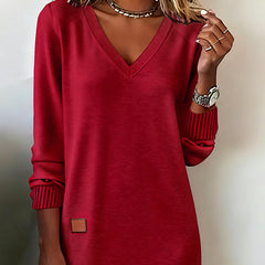Red comfortable V-neck dress with ribbed cuffs and small square chest patch