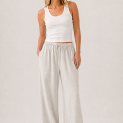Brennan pants in light off-white with elastic waist and wide relaxed legs